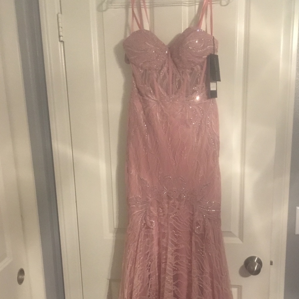 Mauve Lace Jeweled Mermaid Prom Dress